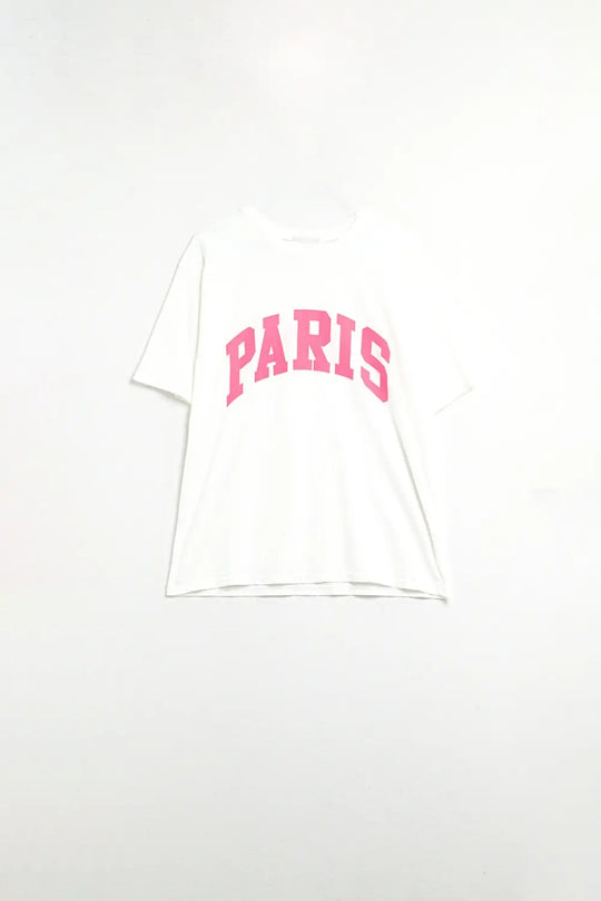 White Paris Relaxed T-shirt with Pink Letters - One Size / White - Tops