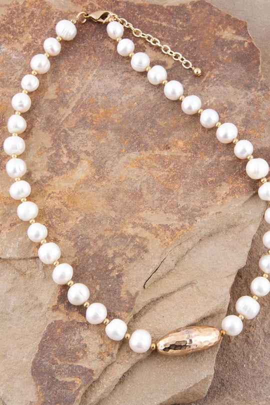 White Pearl Golden Beaded Strand Necklace - Necklaces