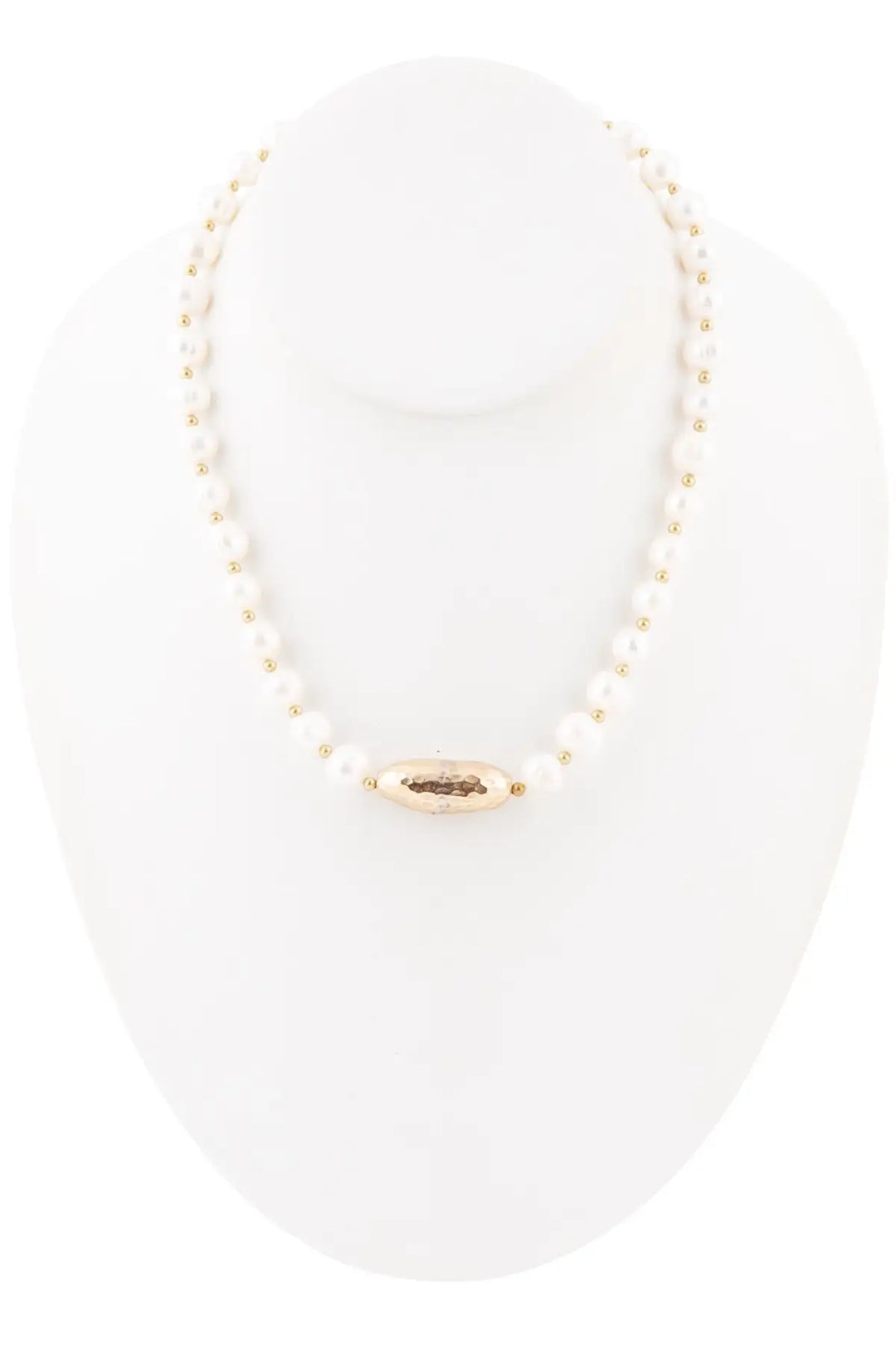 White Pearl Golden Beaded Strand Necklace - Necklaces