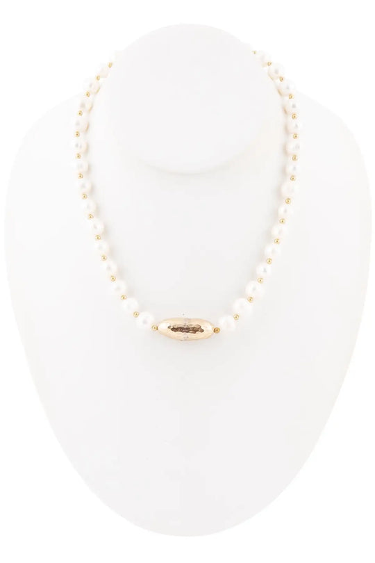 White Pearl Golden Beaded Strand Necklace - Necklaces