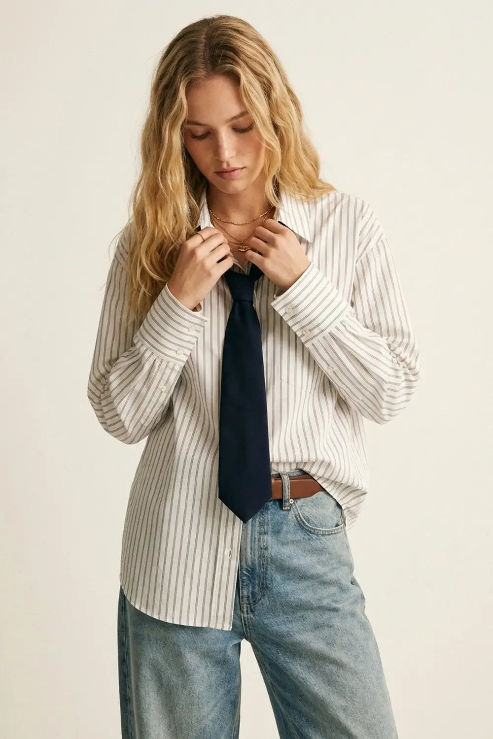 Q2 White Pinstripe Button-Down Shirt with Tie Detail