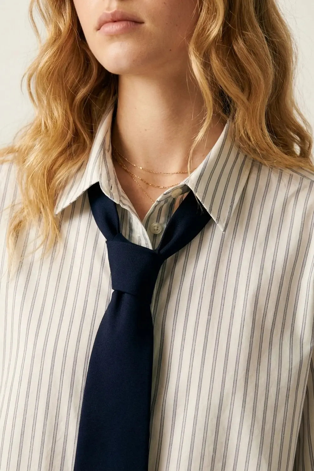 White Pinstripe Button-Down Shirt with Tie Detail - Shirts