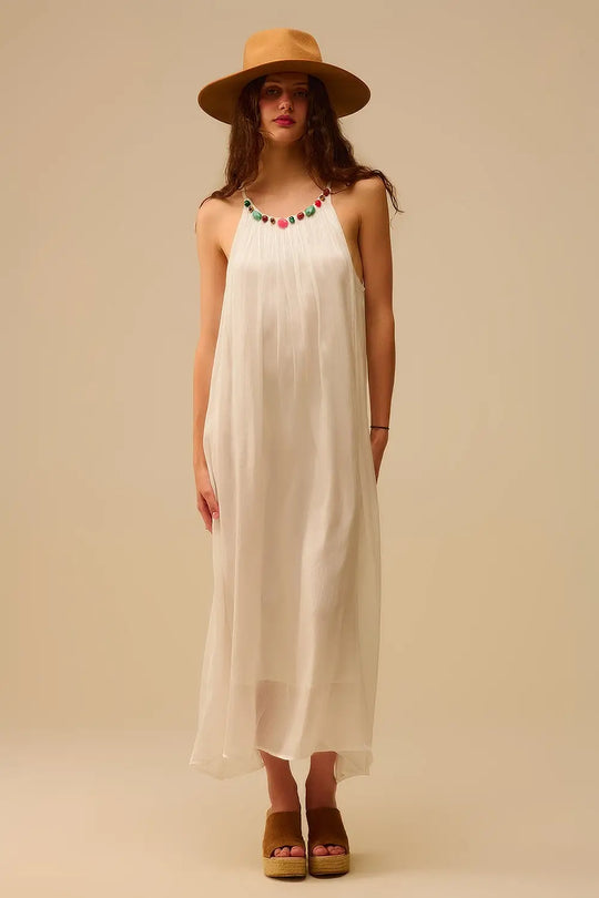 White Pleated Halter long Dress with Beaded Neckline - Dresses