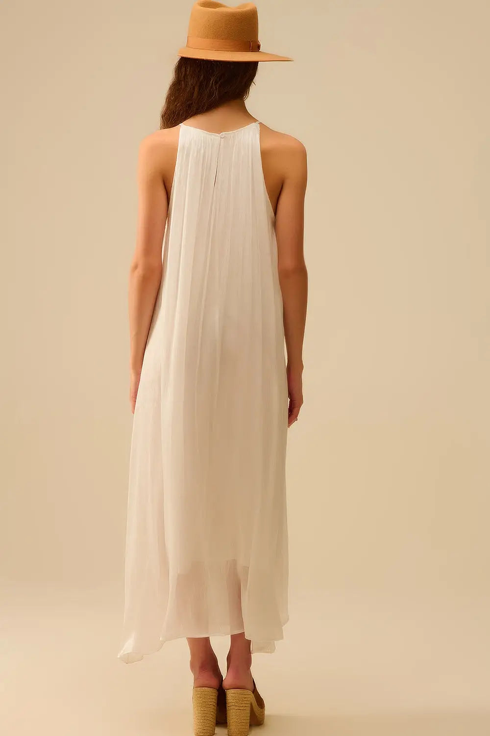 White Pleated Halter long Dress with Beaded Neckline - Dresses