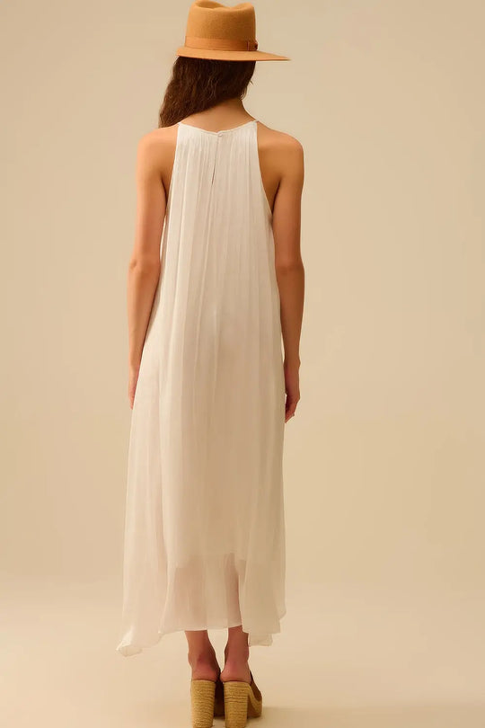 White Pleated Halter long Dress with Beaded Neckline - Dresses