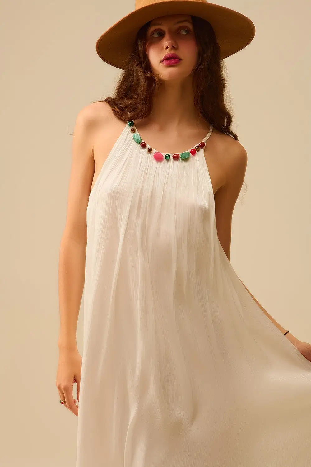White Pleated Halter long Dress with Beaded Neckline - Dresses