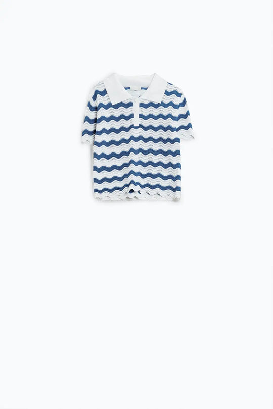 White polo with blue wavy stripes - Sweaters