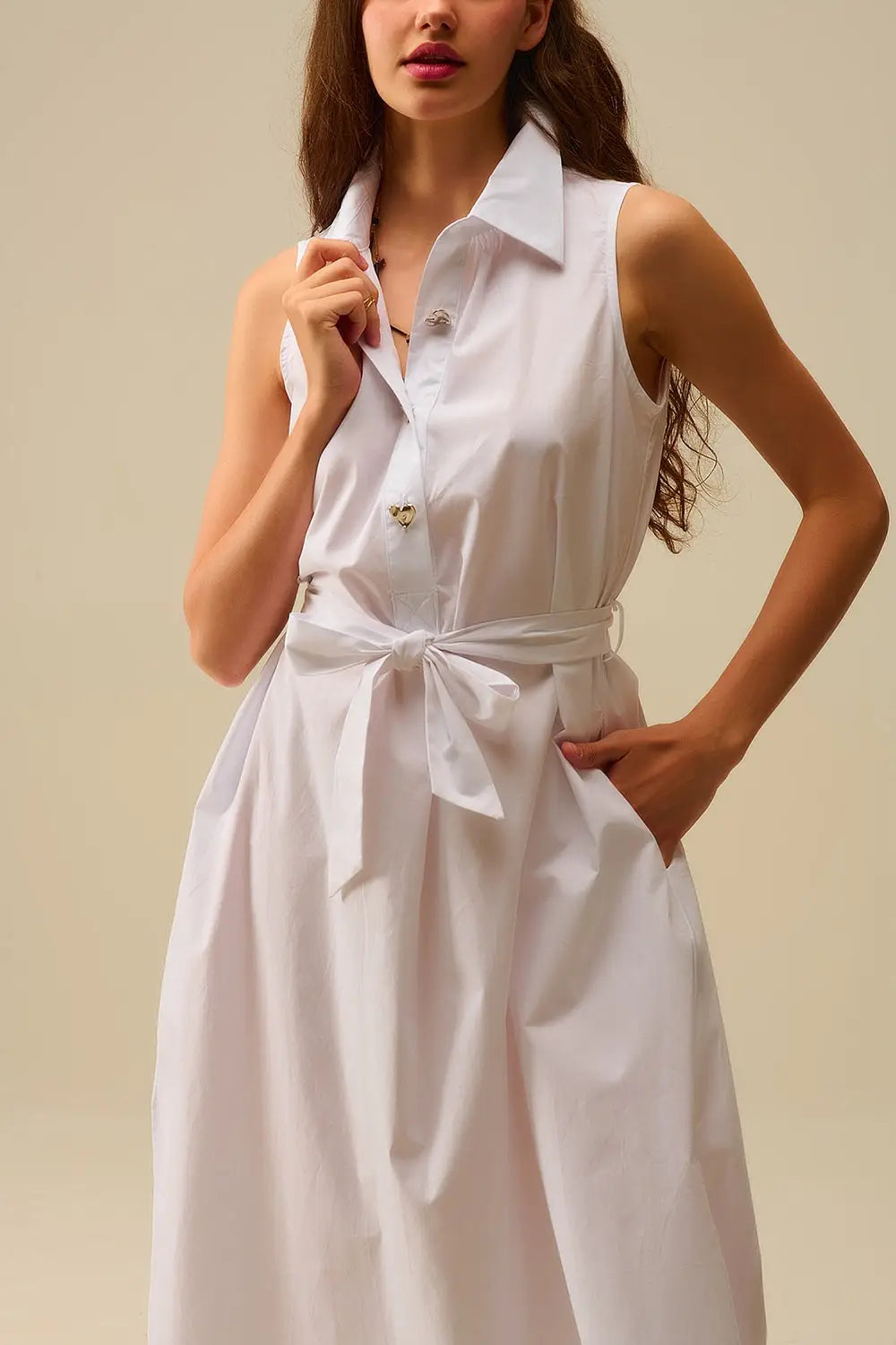 White poplin midi dress with silver heart-shaped buttons - Dresses