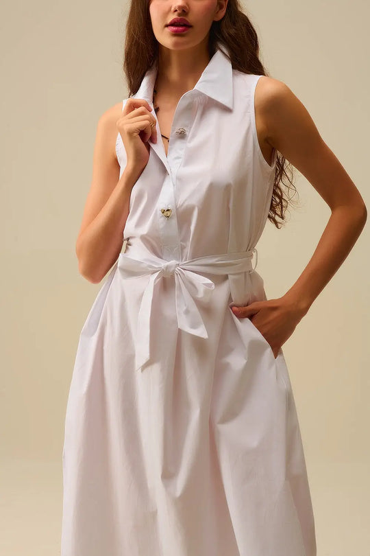 White poplin midi dress with silver heart-shaped buttons - Dresses
