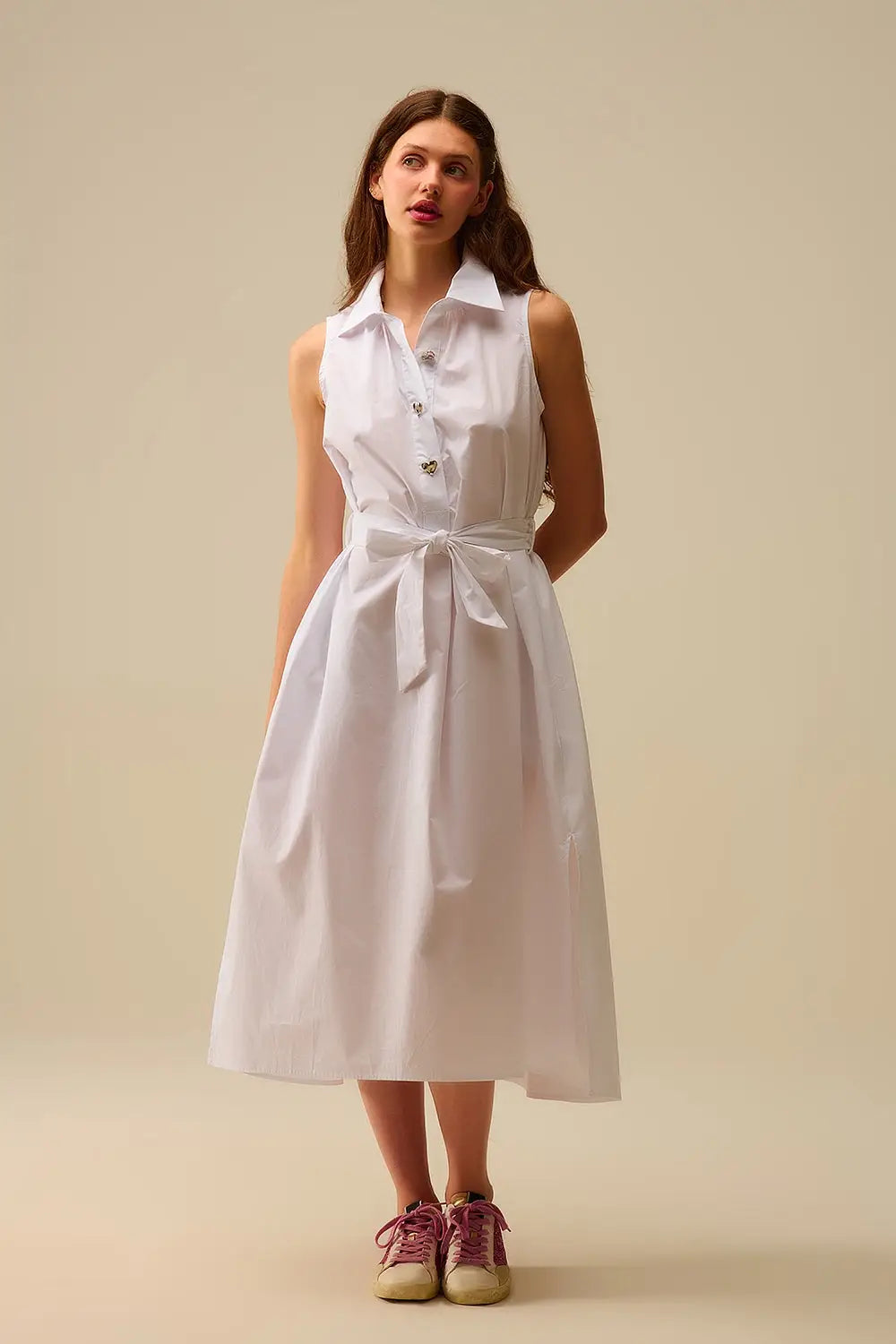White poplin midi dress with silver heart-shaped buttons - Dresses