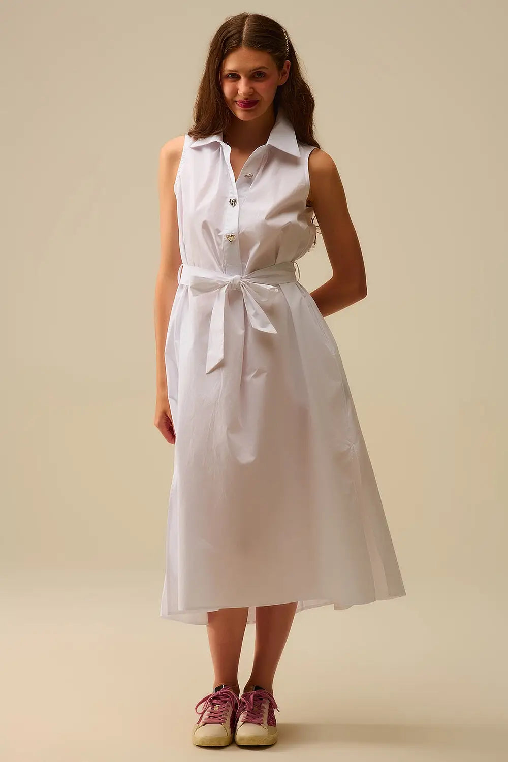 White poplin midi dress with silver heart-shaped buttons - Dresses