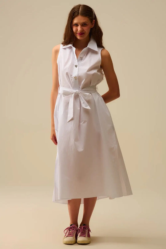 White poplin midi dress with silver heart-shaped buttons - Dresses