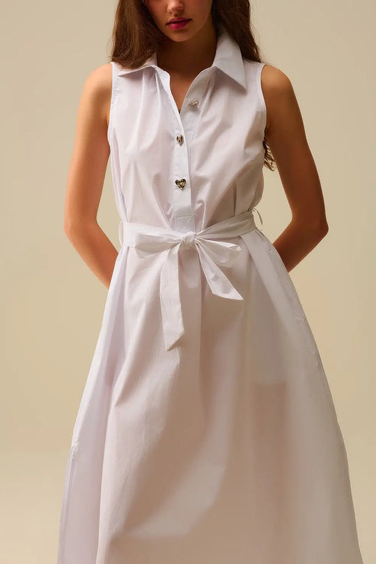 White poplin midi dress with silver heart-shaped buttons - Dresses