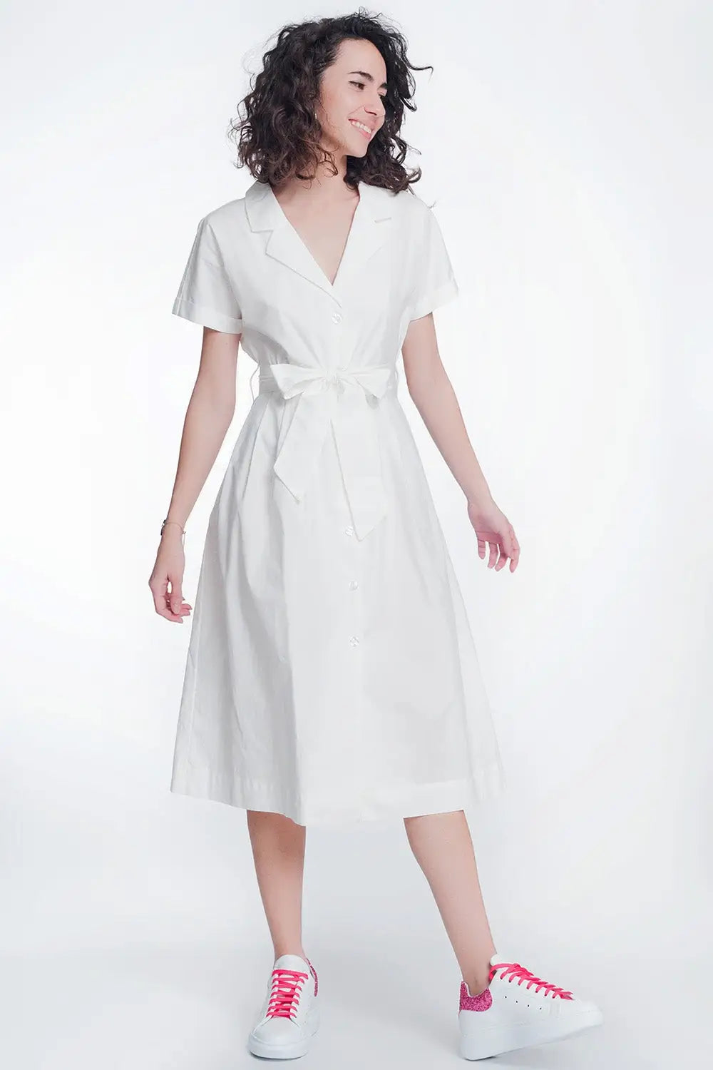 Q2 White poplin shirt dress with belt and short sleeve