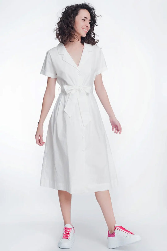 Q2 White poplin shirt dress with belt and short sleeve
