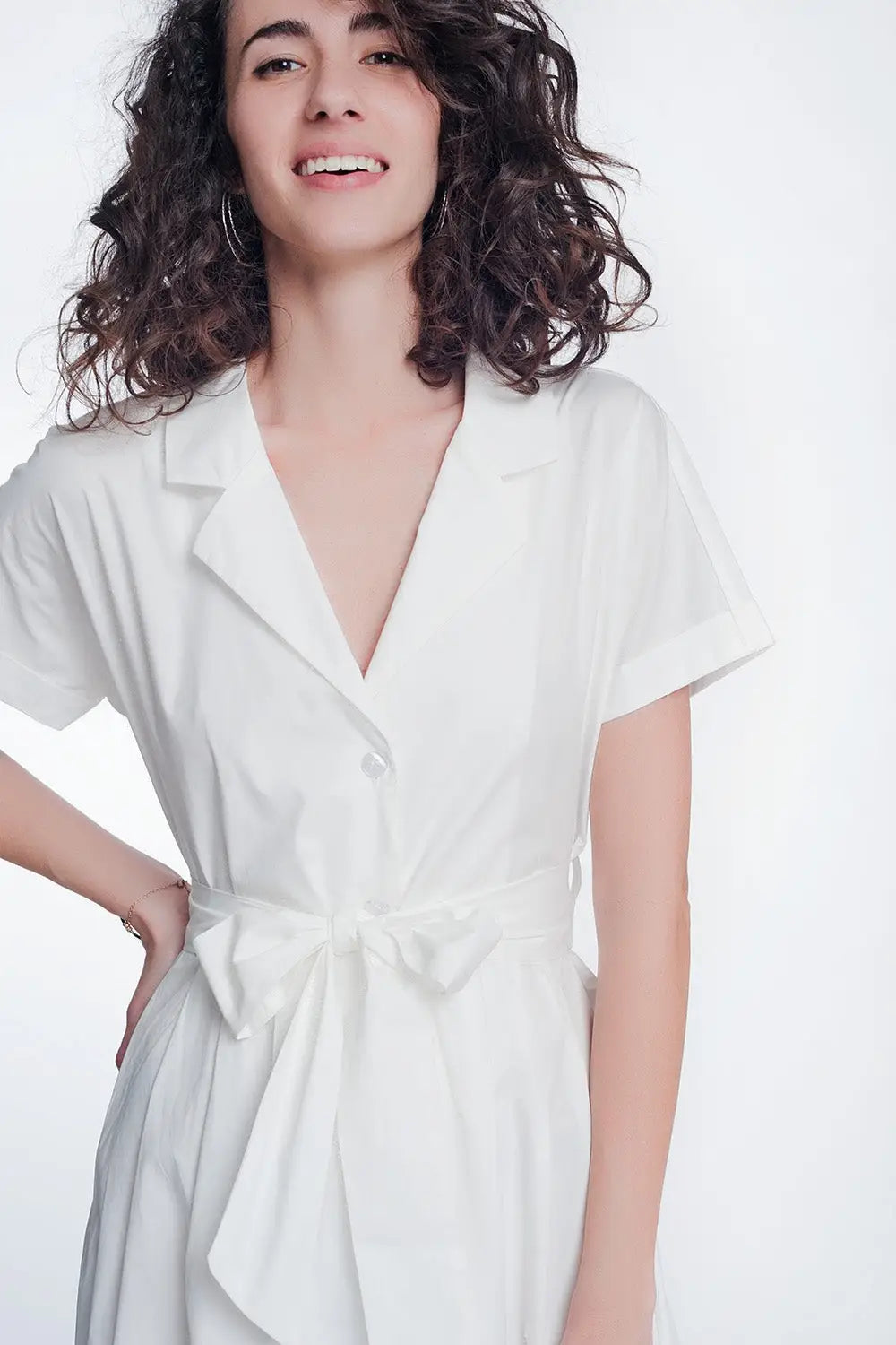 White poplin shirt dress with belt and short sleeve - Dresses