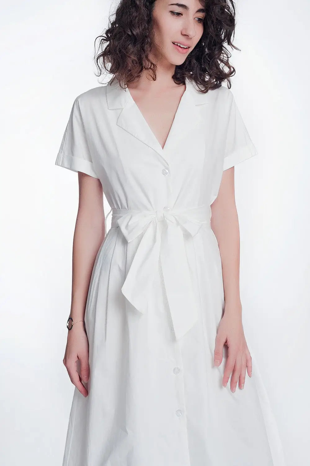 White poplin shirt dress with belt and short sleeve - Dresses