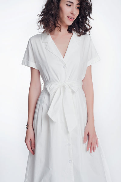 White poplin shirt dress with belt and short sleeve