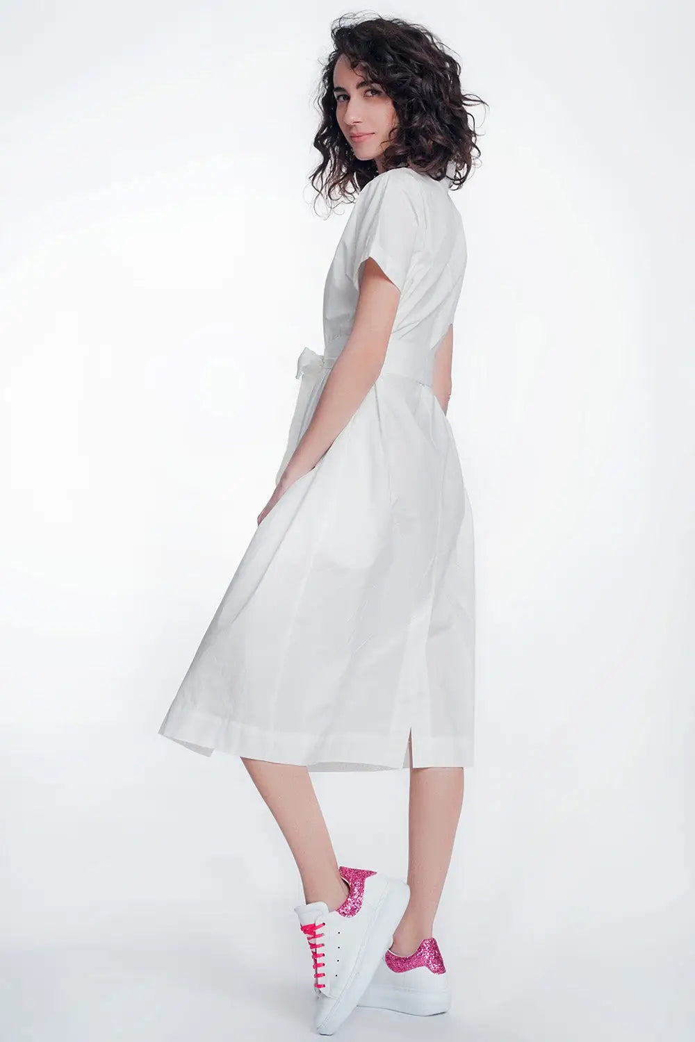 White poplin shirt dress with belt and short sleeve - Dresses