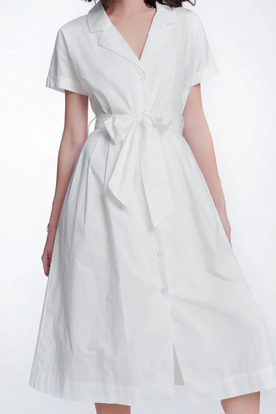 White poplin shirt dress with belt and short sleeve - Dresses