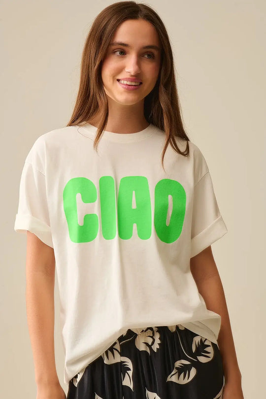 White Relaxed CIAO T-Shirt With Green Letters - One Size / White - Tops
