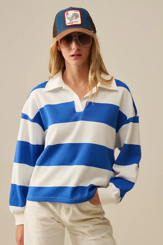 White Relaxed striped polo blouse with Blue Stripes - Tops