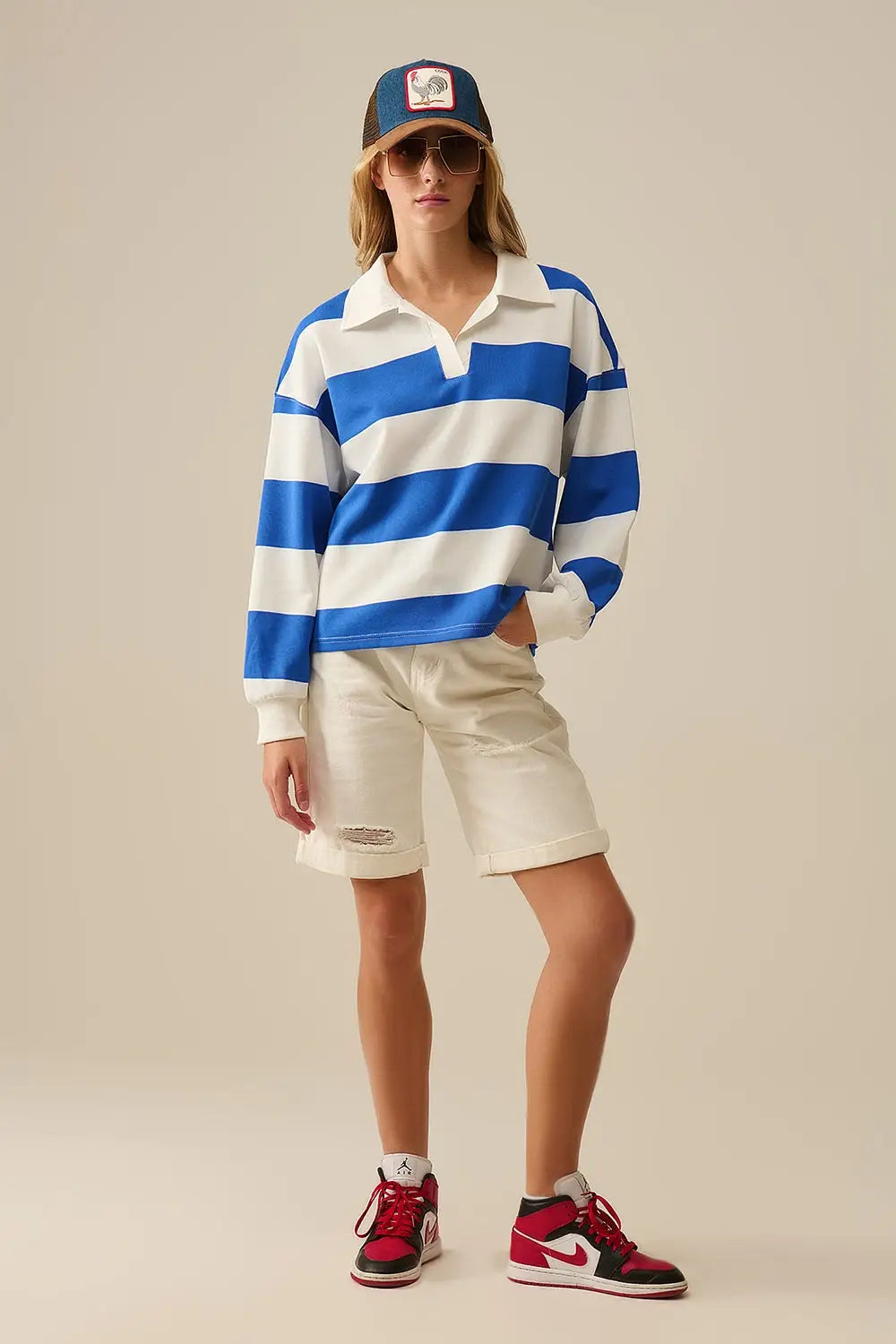 White Relaxed striped polo blouse with Blue Stripes - Tops