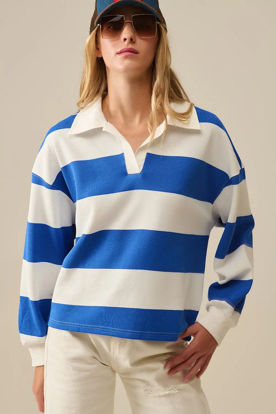 White Relaxed striped polo blouse with Blue Stripes - Tops