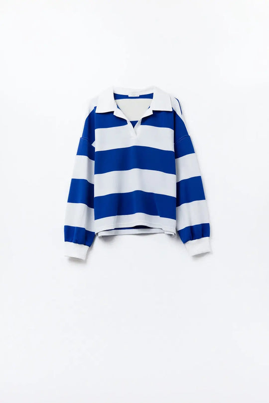 White Relaxed striped polo blouse with Blue Stripes - Tops