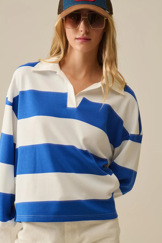 White Relaxed striped polo blouse with Blue Stripes - Tops
