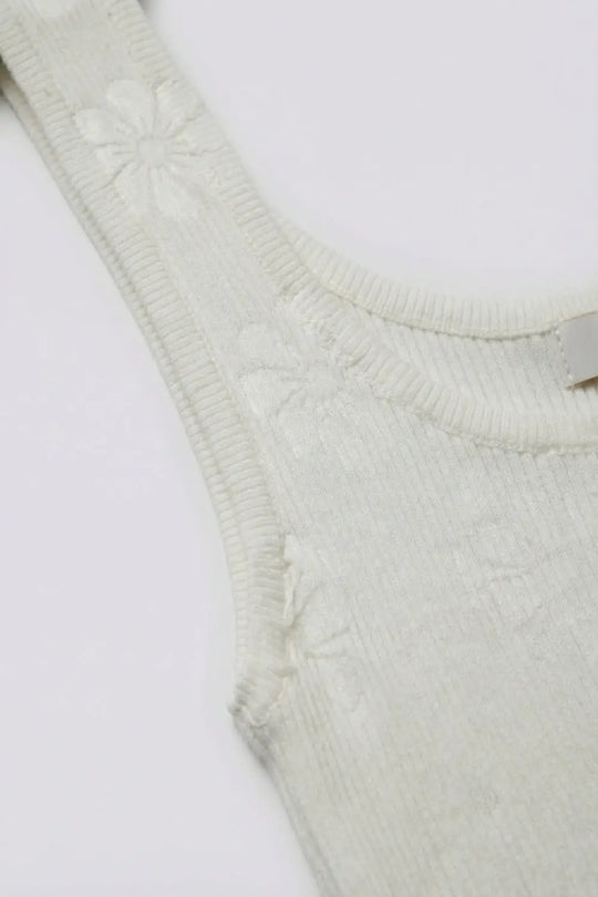 White Ribbed Knit Tank Top with Floral Detail - One Size / White