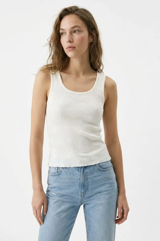 White Ribbed Knit Tank Top with Floral Detail - One Size / White