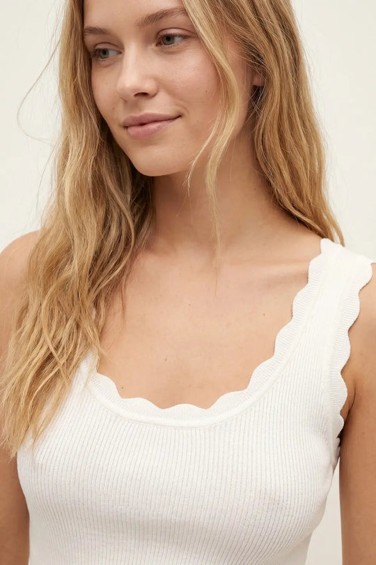 White Ribbed Knit Tank Top with Scalloped Edges - One Size / White