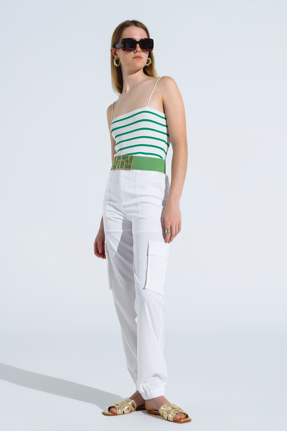 White satin Pants With Side Pockets And Belt Hoops