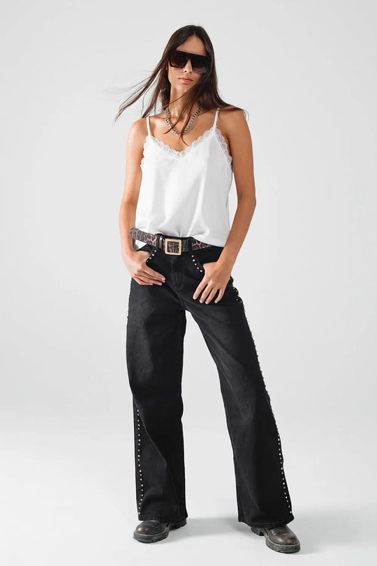 White Satin Top With Lace Detail and V-Neck - Tops