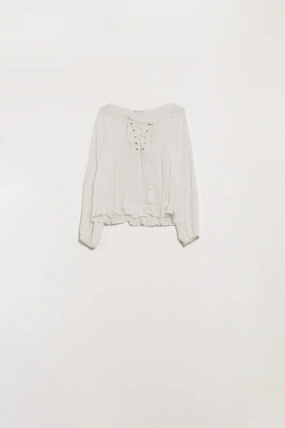 Q2 White Shirt With Tassel Ends and cross tie closure