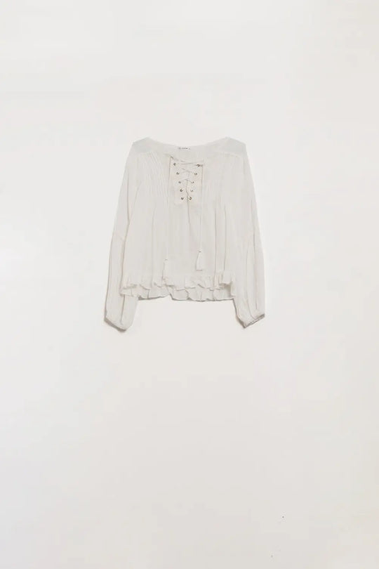 Q2 White Shirt With Tassel Ends and cross tie closure