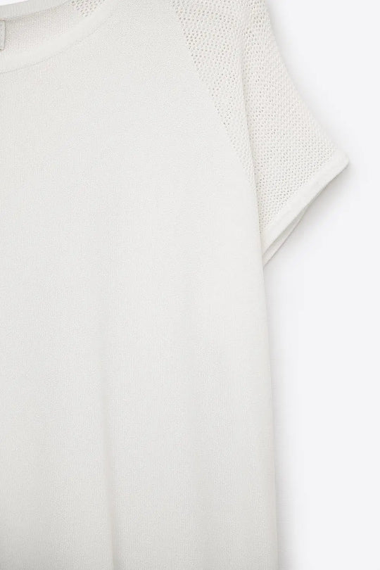 White Short Sleeve Sweater with knitted mesh on the shoulder - One Size / White - Sweaters