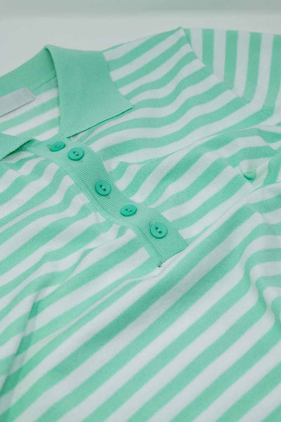 White short sleeves polo shirt with light blue stripes and frontal buttons details