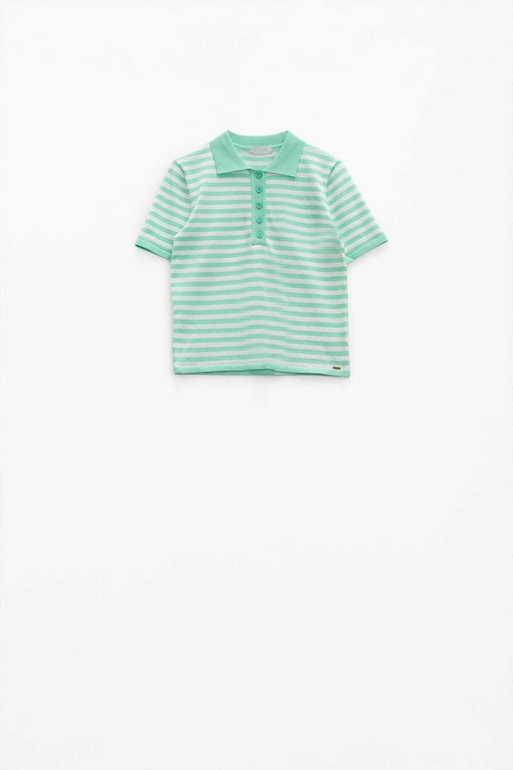 White short sleeves polo shirt with light blue stripes and frontal buttons details