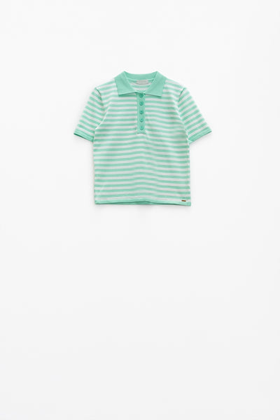 White short sleeves polo shirt with light blue stripes and frontal buttons details