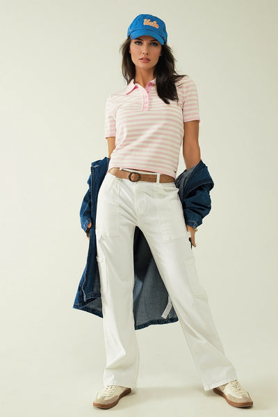 White short sleeves polo shirt with light pink stripes and frontal buttons details