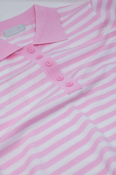 White short sleeves polo shirt with light pink stripes and frontal buttons details