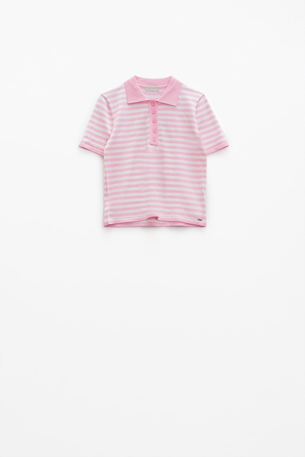 White short sleeves polo shirt with light pink stripes and frontal buttons details