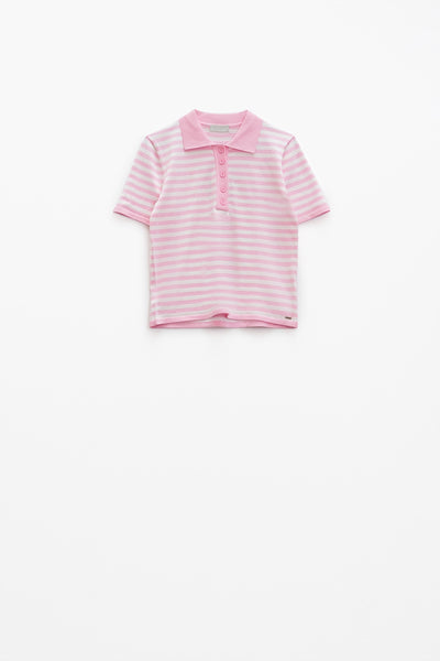 White short sleeves polo shirt with light pink stripes and frontal buttons details