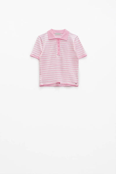 White short sleeves polo shirt with light pink stripes and frontal buttons details - Sweaters