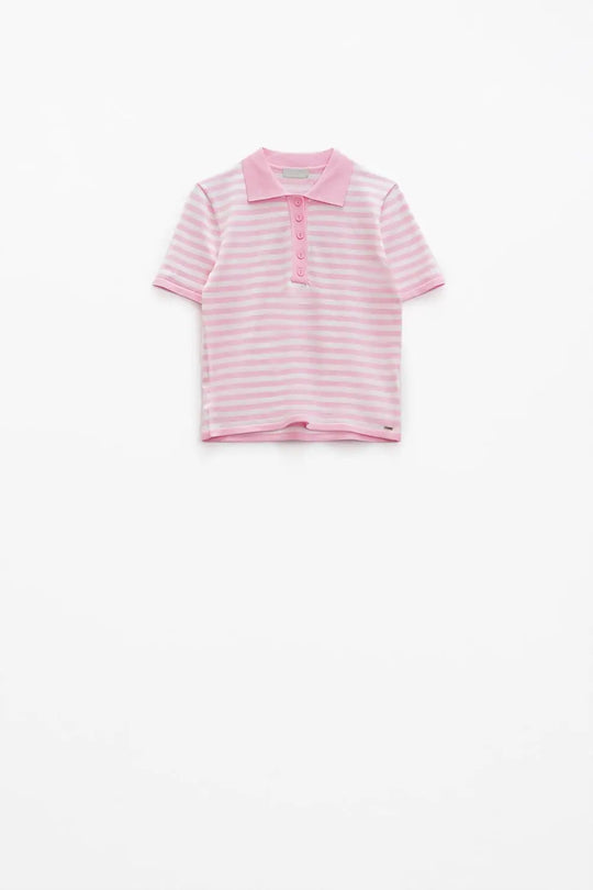 White short sleeves polo shirt with light pink stripes and frontal buttons details - Sweaters