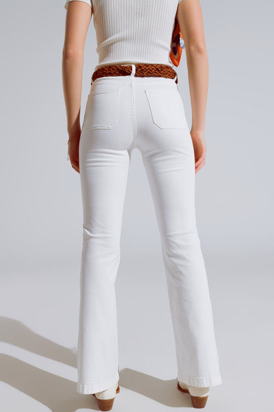 White Skinny Flared Jeans With Front Pocket Detail