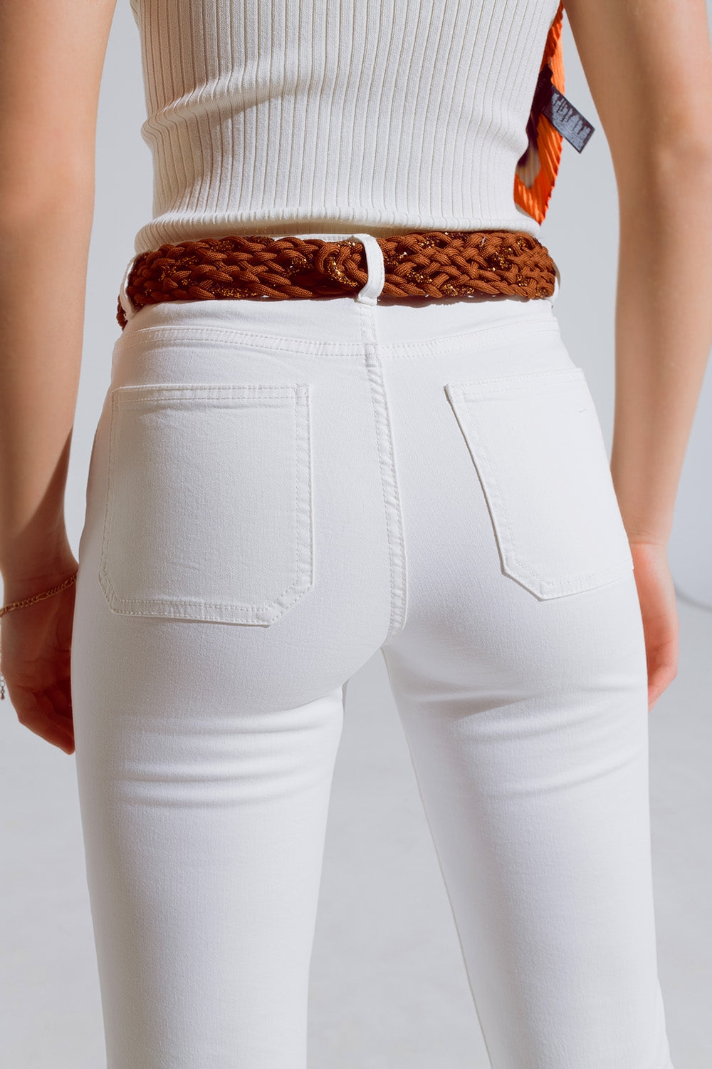 White Skinny Flared Jeans With Front Pocket Detail