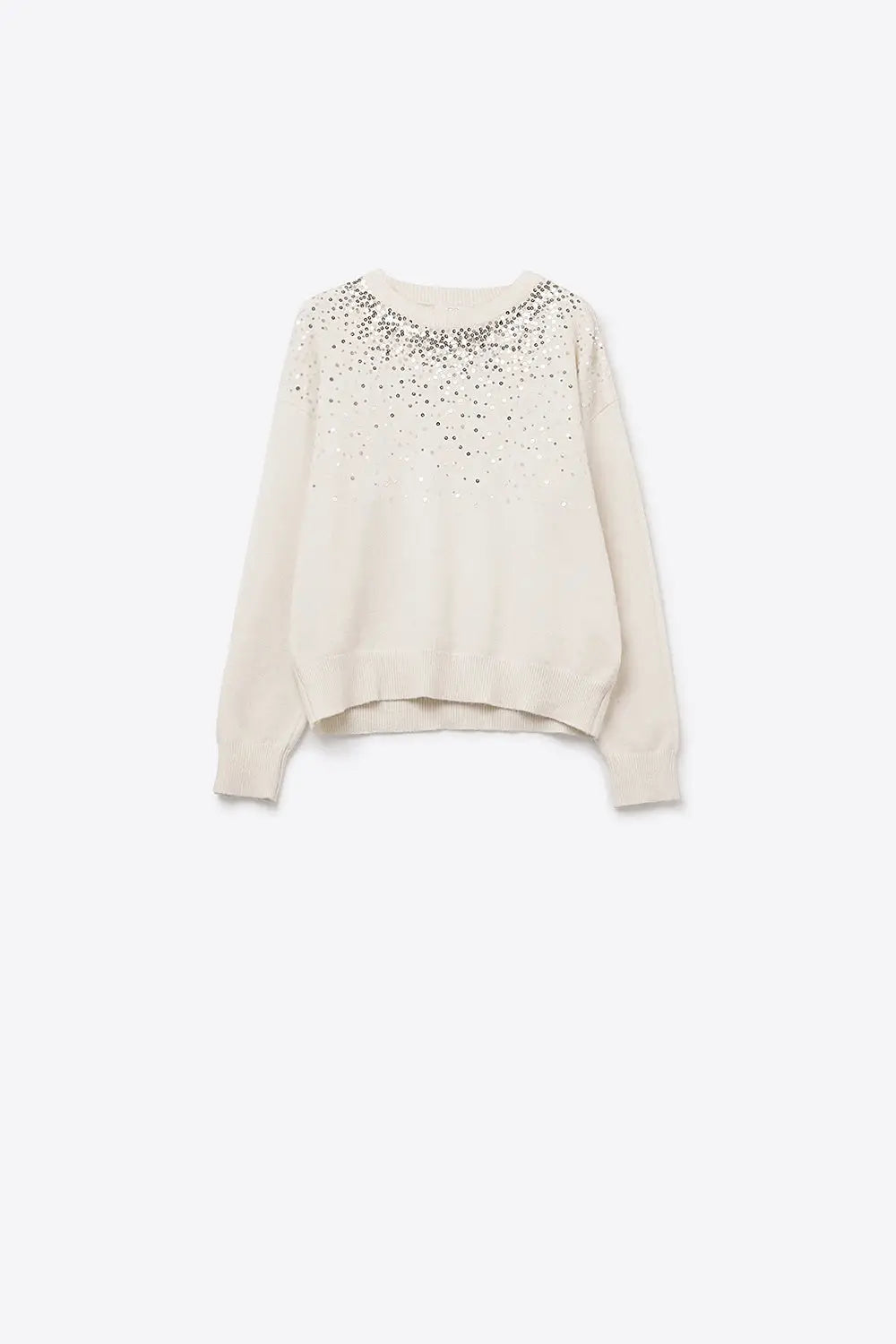Q2 White soft knit sweater embellished with sequins on the front